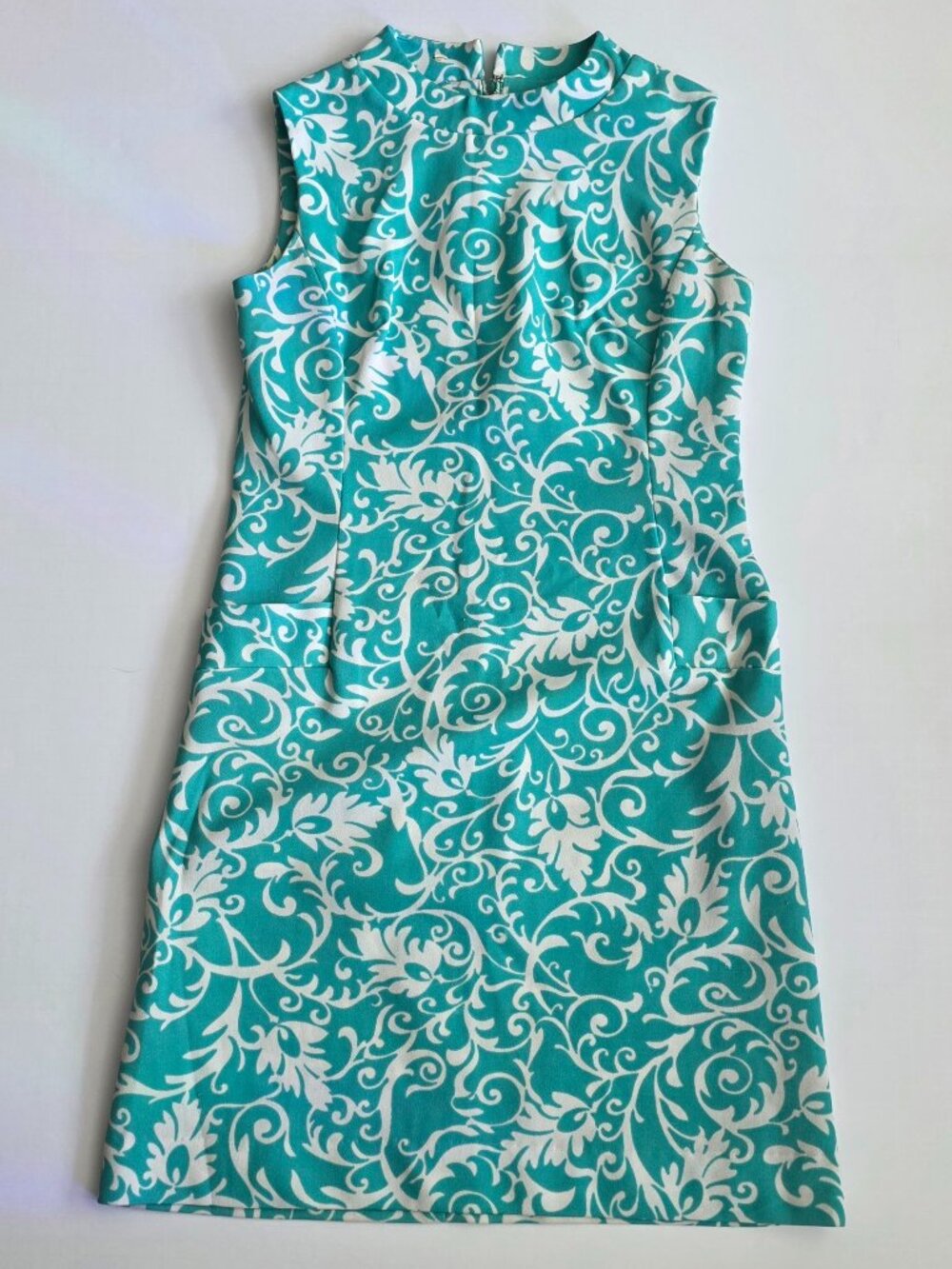 Vintage Handmade Sleeveless Mod Dress in Tiffany Blue and White Filigree, Large - Picture 1 of 1